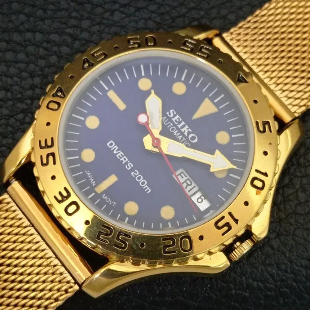 Vintage 1970 Seiko Diver Automatic Mens Gold Watch W/daydate & Blue accents